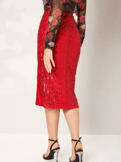 Jupe midi moulante à sequins taille haute pour femme fente avant jupe crayon de soirée