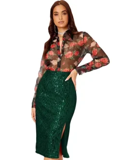 Jupe midi moulante à sequins taille haute pour femme fente avant jupe crayon de soirée