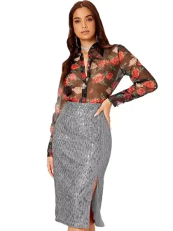 Jupe midi moulante à sequins taille haute pour femme fente avant jupe crayon de soirée