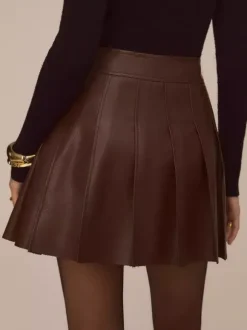Jupe mini plissée taille haute en similicuir chocolat pour femme 2026