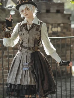 Jupe Steampunk Lolita SK Infanta Coffee Brown Détails en métal Mélange de coton Velours Lolita Overskirt Outfits