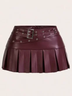 Jupe courte en similicuir auburn naturel à taille haute style chic automne pour femme