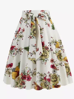 Jupe imprimée vintage années 50 pour femme - Jupe midi trapèze taille haute rétro avec ceinture - Idéale pour une soirée tropicale d'été 2026