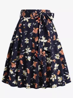 Jupe imprimée vintage années 50 pour femme - Jupe midi trapèze taille haute rétro avec ceinture - Idéale pour une soirée tropicale d'été 2026