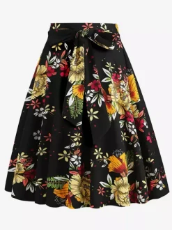 Jupe imprimée vintage années 50 pour femme - Jupe midi trapèze taille haute rétro avec ceinture - Idéale pour une soirée tropicale d'été 2026