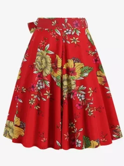 Jupe imprimée vintage années 50 pour femme - Jupe midi trapèze taille haute rétro avec ceinture - Idéale pour une soirée tropicale d'été 2026