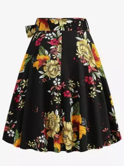 Jupe imprimée vintage années 50 pour femme - Jupe midi trapèze taille haute rétro avec ceinture - Idéale pour une soirée tropicale d'été 2026