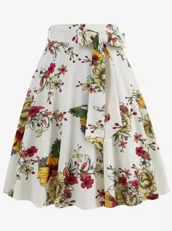 Jupe imprimée vintage années 50 pour femme - Jupe midi trapèze taille haute rétro avec ceinture - Idéale pour une soirée tropicale d'été 2026