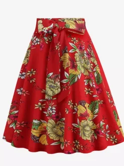 Jupe imprimée vintage années 50 pour femme - Jupe midi trapèze taille haute rétro avec ceinture - Idéale pour une soirée tropicale d'été 2026