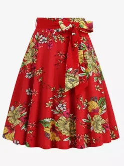 Jupe imprimée vintage années 50 pour femme - Jupe midi trapèze taille haute rétro avec ceinture - Idéale pour une soirée tropicale d'été 2026
