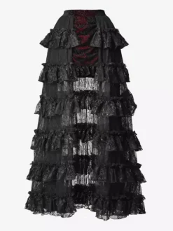 Jupe Lolita gothique noire et rouge SK à volants et taille haute avec traîne spectaculaire