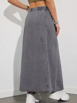 Jupe longue en jean à taille élastiquée avec cordon de serrage pour femme - Jupe longue évasée coupe trapèze décontractée avec poches - Collection printemps 2026
