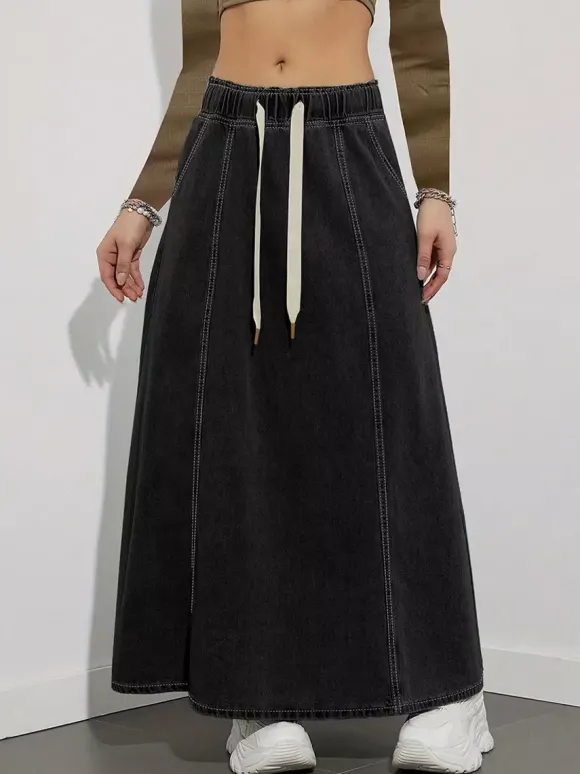Jupe longue en jean à taille élastiquée avec cordon de serrage pour femme - Jupe longue évasée coupe trapèze décontractée avec poches - Collection printemps 2026