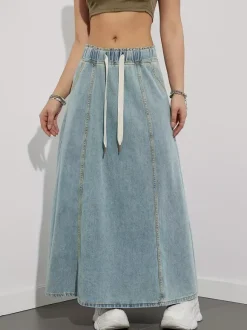 Jupe longue en jean à taille élastiquée avec cordon de serrage pour femme - Jupe longue évasée coupe trapèze décontractée avec poches - Collection printemps 2026