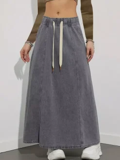 Jupe longue en jean à taille élastiquée avec cordon de serrage pour femme - Jupe longue évasée coupe trapèze décontractée avec poches - Collection printemps 2026