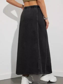 Jupe longue en jean à taille élastiquée avec cordon de serrage pour femme - Jupe longue évasée coupe trapèze décontractée avec poches - Collection printemps 2026