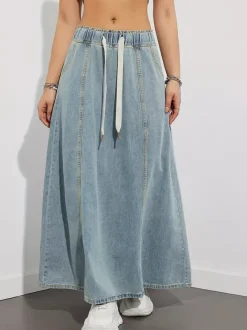 Jupe longue en jean à taille élastiquée avec cordon de serrage pour femme - Jupe longue évasée coupe trapèze décontractée avec poches - Collection printemps 2026