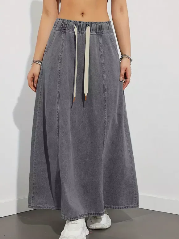 Jupe longue en jean à taille élastiquée avec cordon de serrage pour femme - Jupe longue évasée coupe trapèze décontractée avec poches - Collection printemps 2026