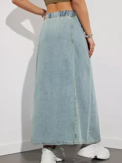 Jupe longue en jean à taille élastiquée avec cordon de serrage pour femme - Jupe longue évasée coupe trapèze décontractée avec poches - Collection printemps 2026