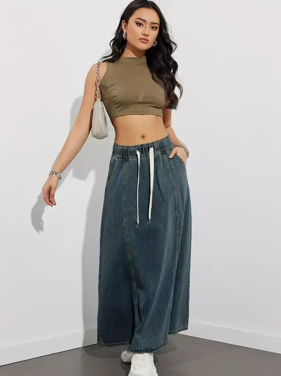 Jupe longue en jean à taille élastiquée avec cordon de serrage pour femme - Jupe longue évasée coupe trapèze décontractée avec poches - Collection printemps 2026