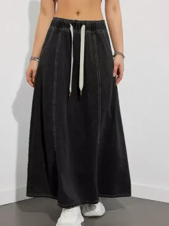 Jupe longue en jean à taille élastiquée avec cordon de serrage pour femme - Jupe longue évasée coupe trapèze décontractée avec poches - Collection printemps 2026