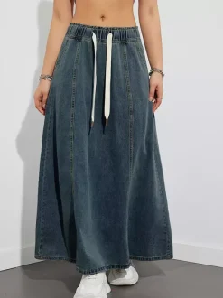 Jupe longue en jean à taille élastiquée avec cordon de serrage pour femme - Jupe longue évasée coupe trapèze décontractée avec poches - Collection printemps 2026