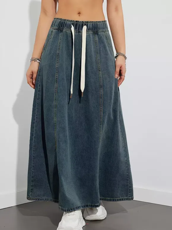 Jupe longue en jean à taille élastiquée avec cordon de serrage pour femme - Jupe longue évasée coupe trapèze décontractée avec poches - Collection printemps 2026