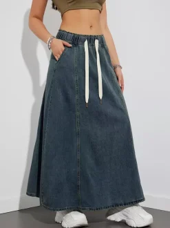 Jupe longue en jean à taille élastiquée avec cordon de serrage pour femme - Jupe longue évasée coupe trapèze décontractée avec poches - Collection printemps 2026