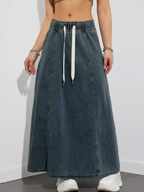 Jupe longue en jean à taille élastiquée avec cordon de serrage pour femme - Jupe longue évasée coupe trapèze décontractée avec poches - Collection printemps 2026