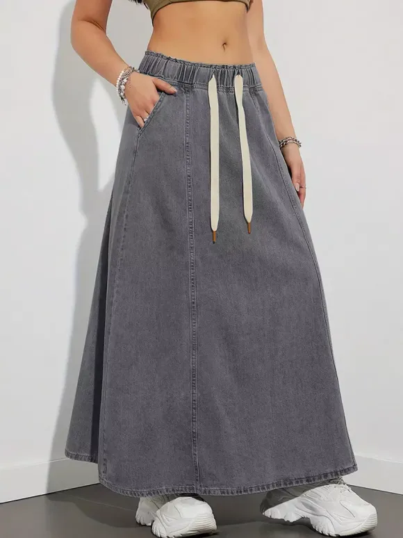 Jupe longue en jean à taille élastiquée avec cordon de serrage pour femme - Jupe longue évasée coupe trapèze décontractée avec poches - Collection printemps 2026