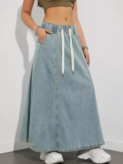 Jupe longue en jean à taille élastiquée avec cordon de serrage pour femme - Jupe longue évasée coupe trapèze décontractée avec poches - Collection printemps 2026