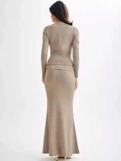 Jupe longue moulante taille haute en maille côtelée pour femme 2026