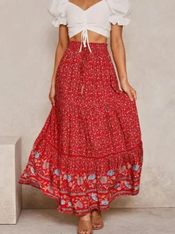 Jupe Longue Rouge Stretch Taille Naturelle Fleurie Polyester Décontracté Été Femmes
