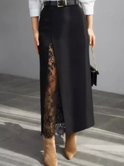Jupe midi droite taille haute fendue sur le devant en dentelle