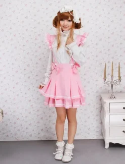 Jupe multi-couches Lolita en coton rose avec Polka Déguisements Halloween