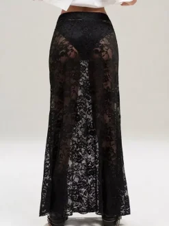 Jupes longues en dentelle noire taille haute sexy et transparentes pour femmes