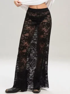 Jupes longues en dentelle noire taille haute sexy et transparentes pour femmes