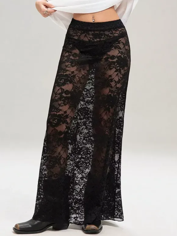 Jupes longues en dentelle noire taille haute sexy et transparentes pour femmes