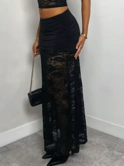 Jupes longues noires transparentes en nylon sexy pour l'automne pour femmes