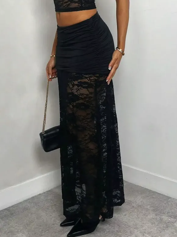 Jupes longues noires transparentes en nylon sexy pour l'automne pour femmes