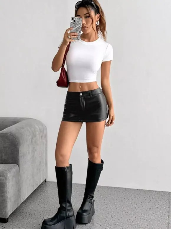 Jupes noires taille basse en similicuir mini-jupes sexy pour le printemps bas pour femmes