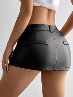 Jupes noires taille basse en similicuir mini-jupes sexy pour le printemps bas pour femmes