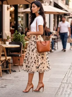 Jupes à imprimé floral taille haute coupe trapèze longueur mi-mollet bas pour femmes