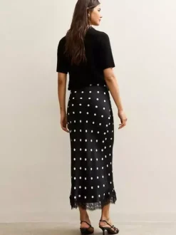 Jupe sirène midi taille haute à pois et bordure en dentelle pour femme 2026