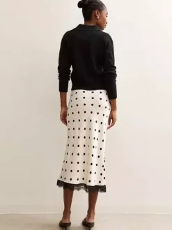 Jupe sirène midi taille haute à pois et bordure en dentelle pour femme 2026