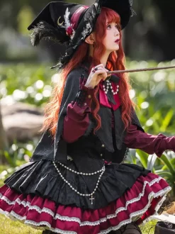 Jupes Lolita gothiques SK Jacquard à volants et 艙illets roses