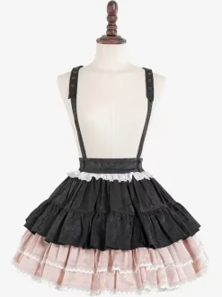 Jupes Lolita gothiques SK Jacquard à volants et 艙illets roses