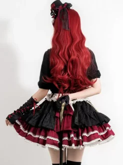 Jupes Lolita gothiques SK Jacquard à volants et 艙illets roses