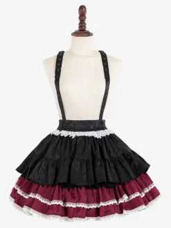 Jupes Lolita gothiques SK Jacquard à volants et 艙illets roses