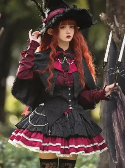 Jupes Lolita gothiques SK Jacquard à volants et 艙illets roses